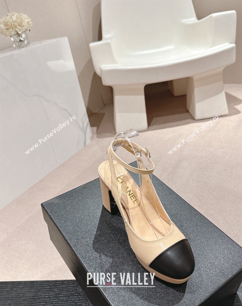 Chanel Lambskin Slingback Platform Pumps 9cm with Ankle Strap Beige 2024 CH081706 (MD-240817033)