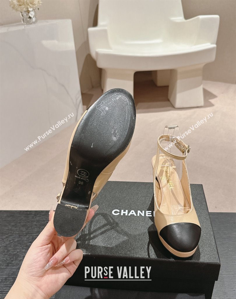 Chanel Lambskin Slingback Platform Pumps 9cm with Ankle Strap Beige 2024 CH081706 (MD-240817033)