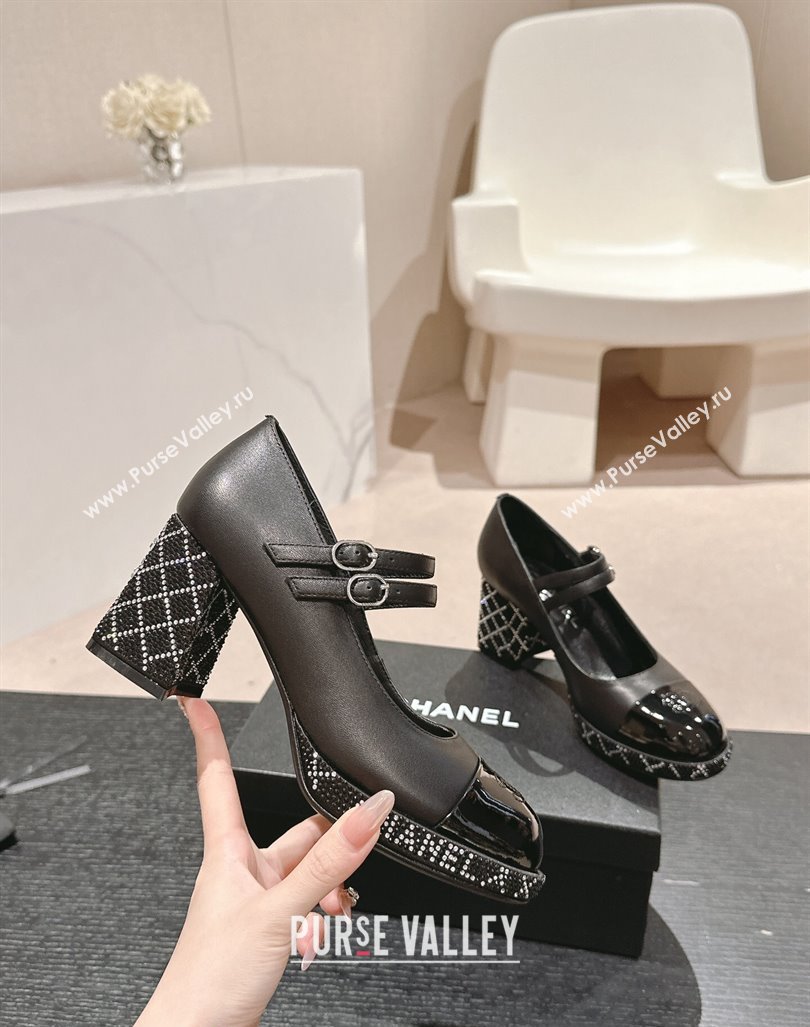 Chanel Calfskin Mary Janes Pumps 7.5cm with Strass Black 2024 CH081707 (MD-240817038)