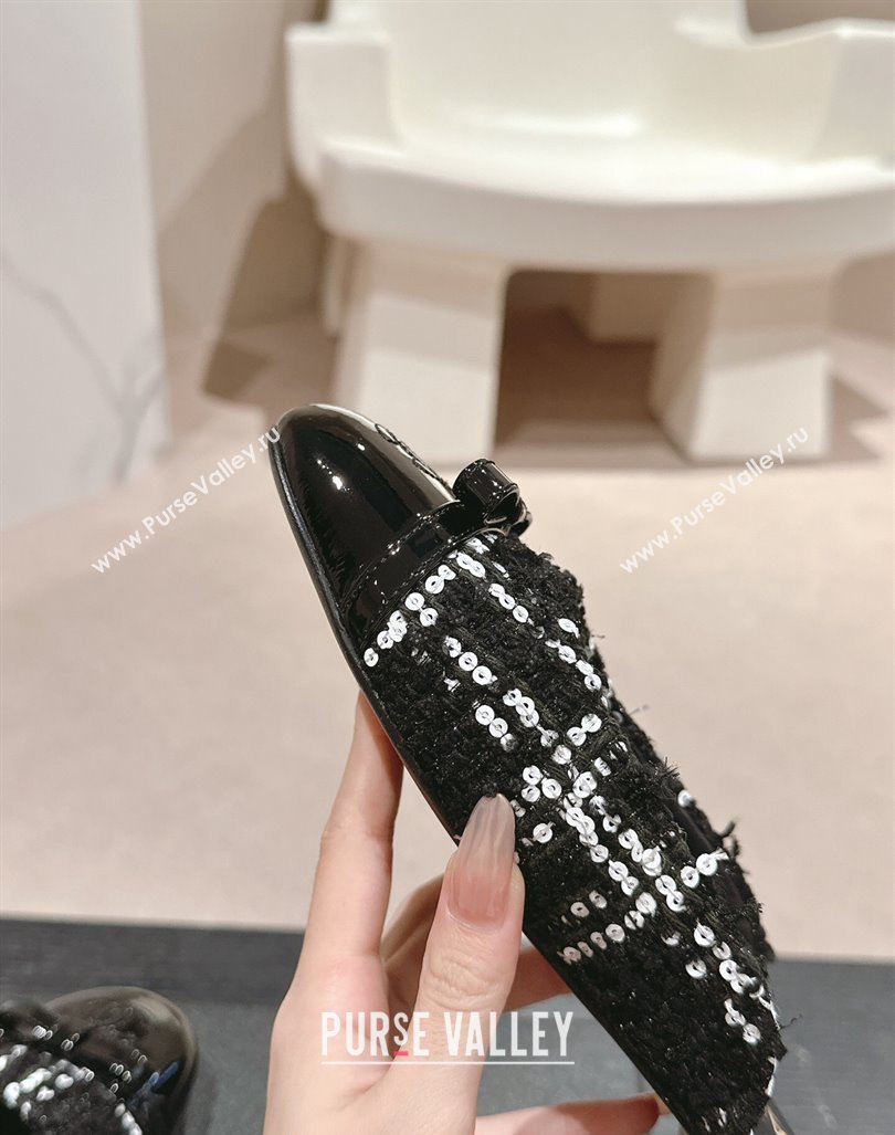 Chanel Tweed Sequins Flat Mules with Bow Black/White 2024 CH081708 (MD-240817039)