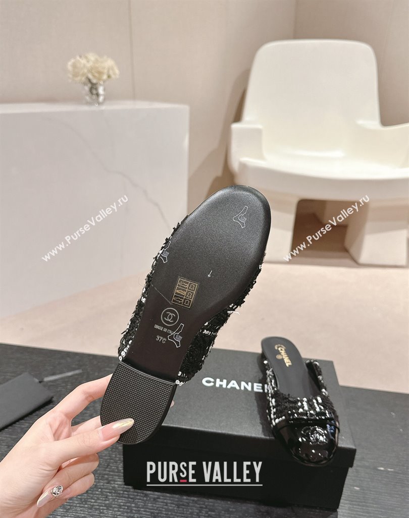 Chanel Tweed Sequins Flat Mules with Bow Black/White 2024 CH081708 (MD-240817039)