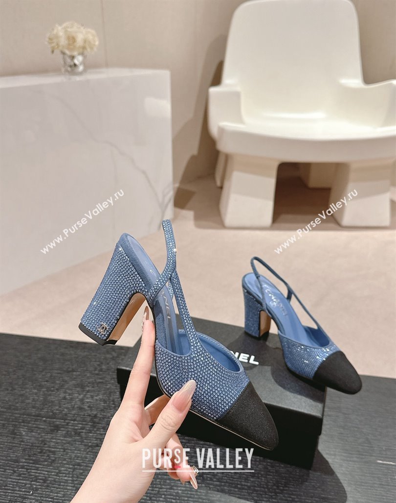 Chanel Strass Grosgrain Slingback Pumps 9cm G31318 Blue 2024 0816 (MD-240816031)