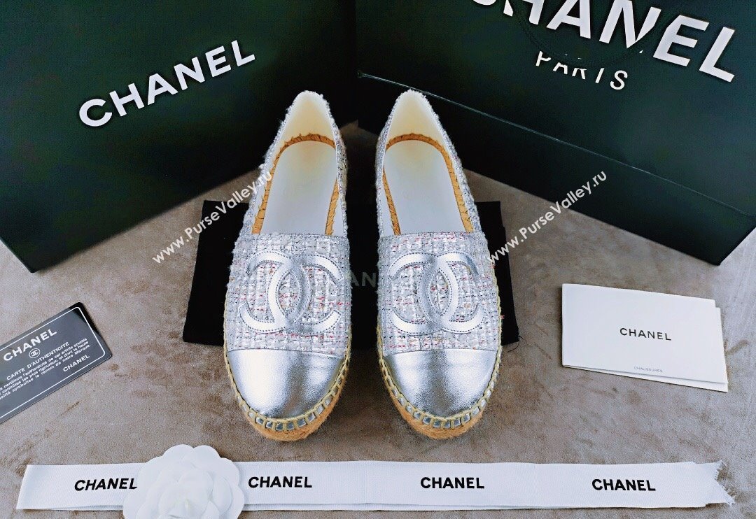 Chanel Tweed Lambskin Espadrilles Flat Silver 2024 081503 (MD-240815119)