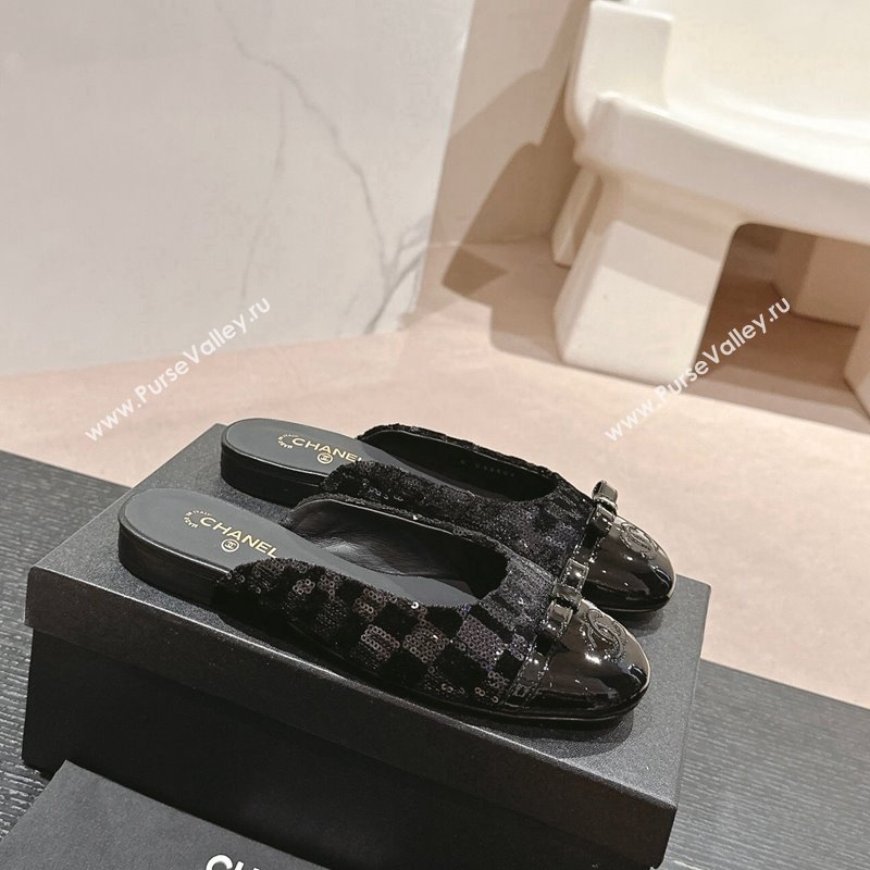 Chanel Tweed Sequins Flat Mules with Bow Black Upper 2024 CH081708 (MD-240817042)