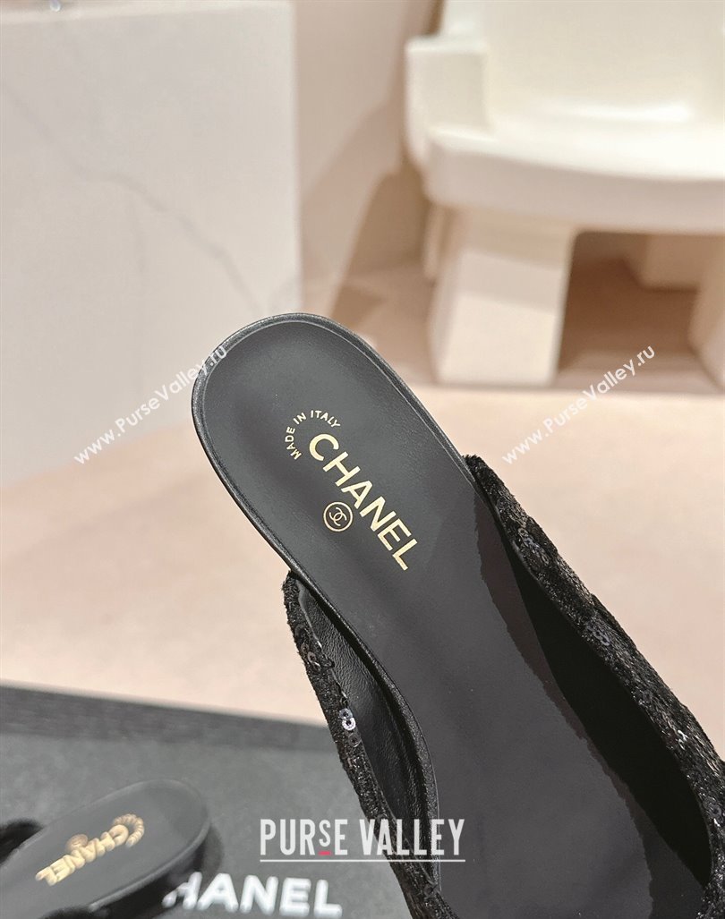 Chanel Tweed Sequins Flat Mules with Bow Black Upper 2024 CH081708 (MD-240817042)