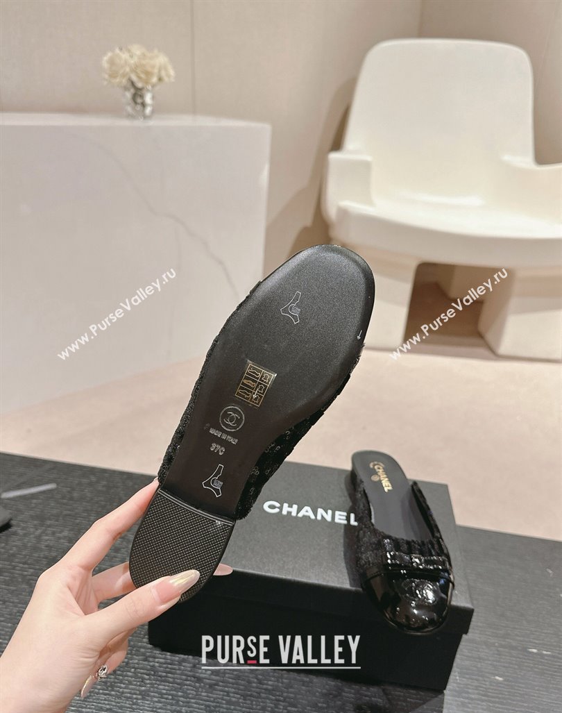 Chanel Tweed Sequins Flat Mules with Bow Black Upper 2024 CH081708 (MD-240817042)