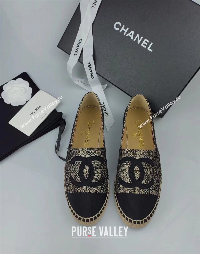 Chanel Tweed Grosgrain Espadrilles Flat Gold/Black 2024 081604 (MD-240816004)