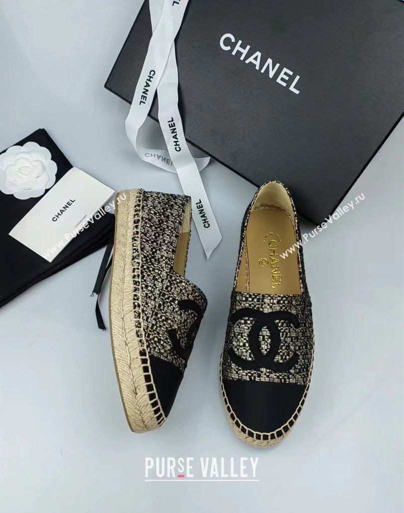 Chanel Tweed Grosgrain Espadrilles Flat Gold/Black 2024 081604 (MD-240816004)