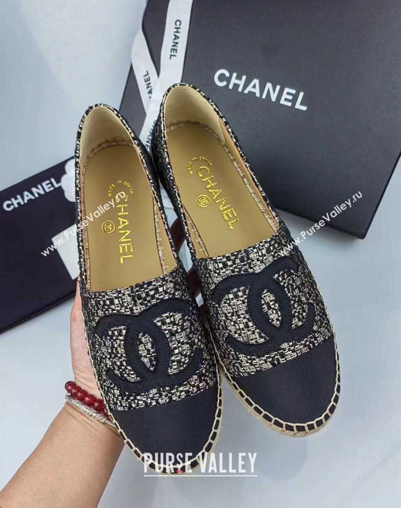 Chanel Tweed Grosgrain Espadrilles Flat Gold/Black 2024 081604 (MD-240816004)