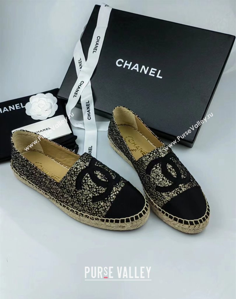 Chanel Tweed Grosgrain Espadrilles Flat Gold/Black 2024 081604 (MD-240816004)