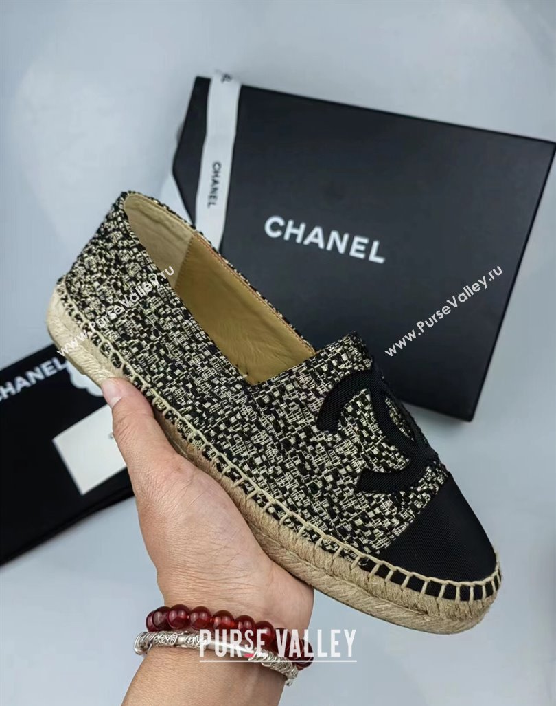 Chanel Tweed Grosgrain Espadrilles Flat Gold/Black 2024 081604 (MD-240816004)