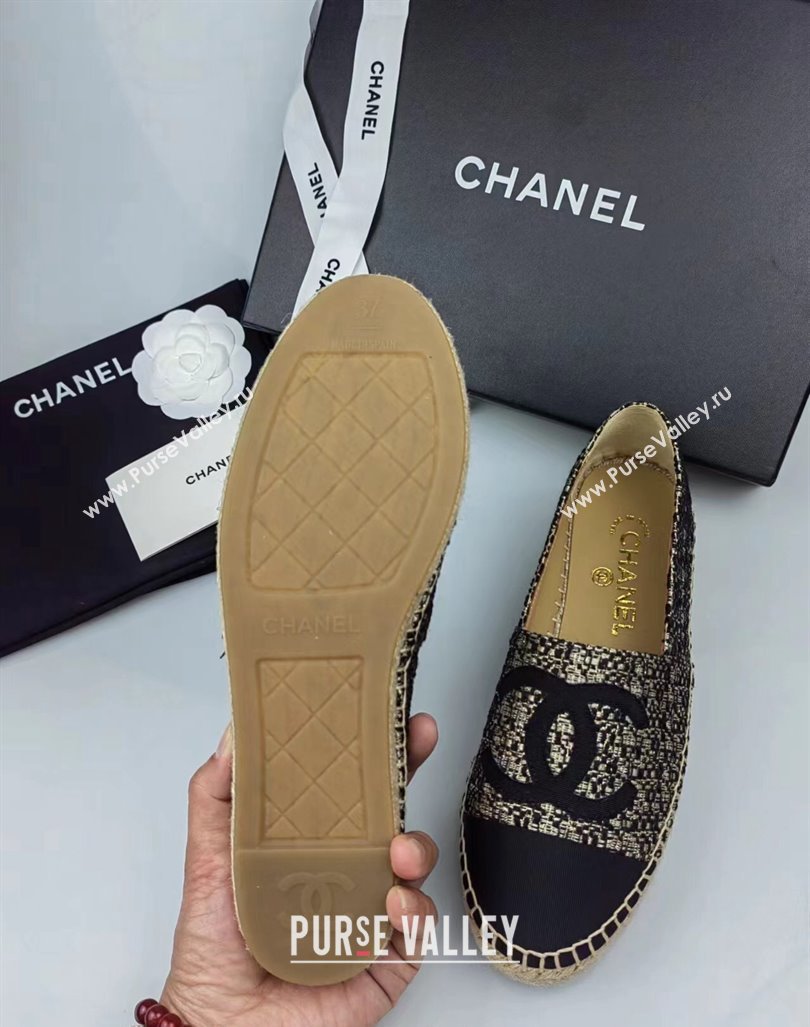 Chanel Tweed Grosgrain Espadrilles Flat Gold/Black 2024 081604 (MD-240816004)