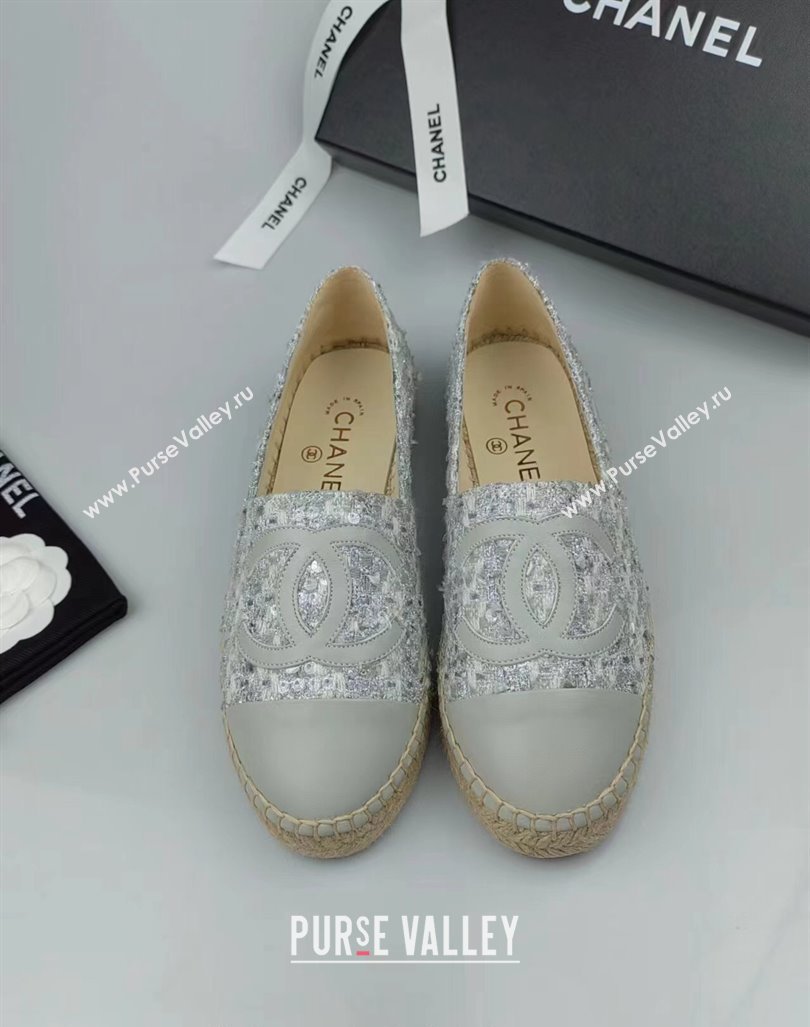 Chanel Tweed, Sequins and Lambskin Espadrilles Flat Grey 2024 0816 (MD-240816006)