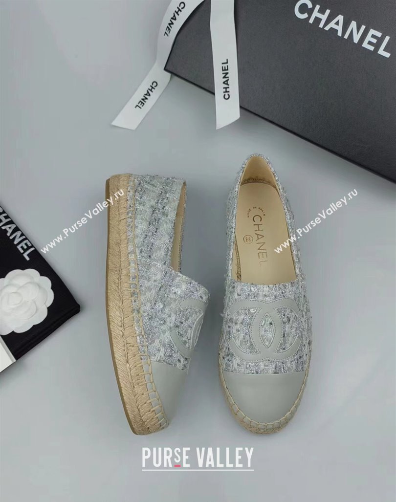 Chanel Tweed, Sequins and Lambskin Espadrilles Flat Grey 2024 0816 (MD-240816006)