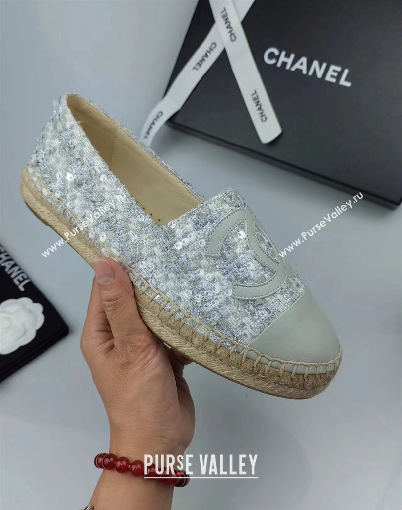 Chanel Tweed, Sequins and Lambskin Espadrilles Flat Grey 2024 0816 (MD-240816006)