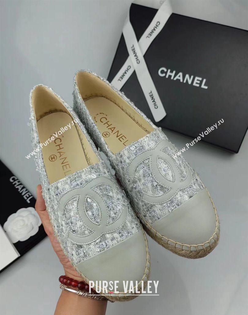 Chanel Tweed, Sequins and Lambskin Espadrilles Flat Grey 2024 0816 (MD-240816006)