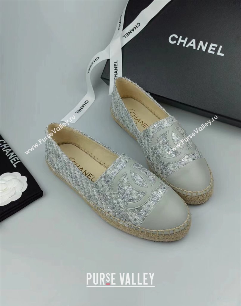 Chanel Tweed, Sequins and Lambskin Espadrilles Flat Grey 2024 0816 (MD-240816006)