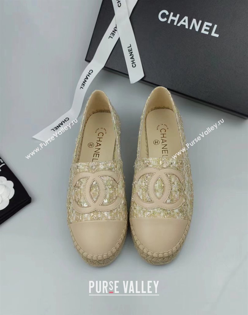 Chanel Tweed, Sequins and Lambskin Espadrilles Flat Beige 2024 0816 (MD-240816007)