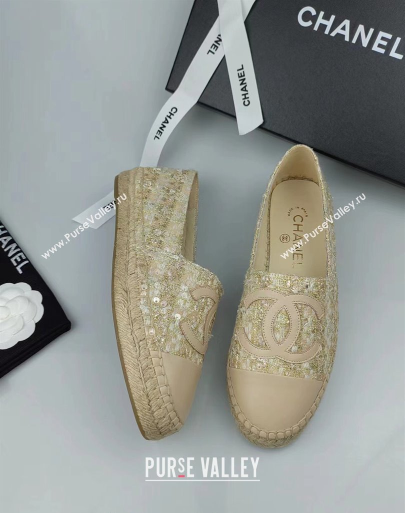 Chanel Tweed, Sequins and Lambskin Espadrilles Flat Beige 2024 0816 (MD-240816007)