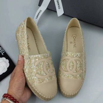 Chanel Tweed, Sequins and Lambskin Espadrilles Flat Beige 2024 0816 (MD-240816007)