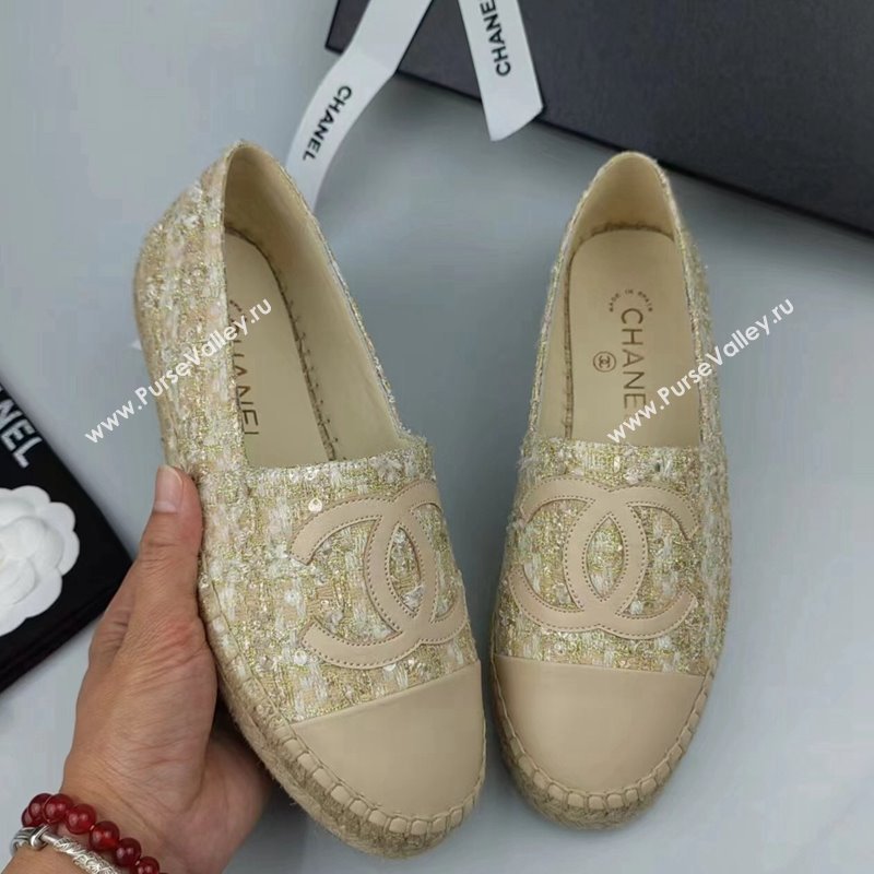 Chanel Tweed, Sequins and Lambskin Espadrilles Flat Beige 2024 0816 (MD-240816007)