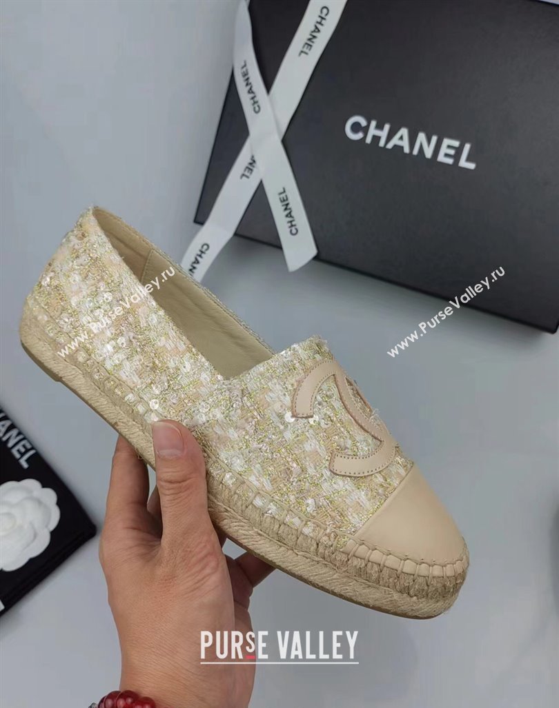 Chanel Tweed, Sequins and Lambskin Espadrilles Flat Beige 2024 0816 (MD-240816007)