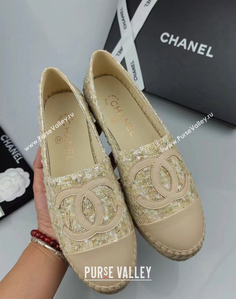 Chanel Tweed, Sequins and Lambskin Espadrilles Flat Beige 2024 0816 (MD-240816007)