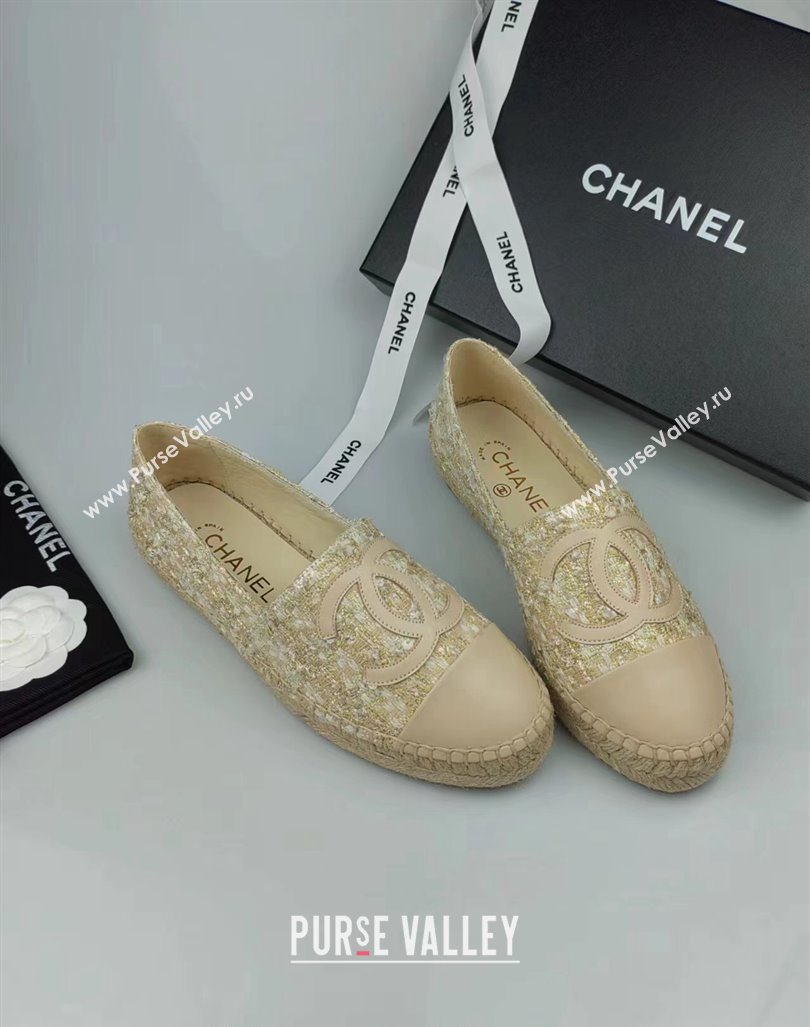 Chanel Tweed, Sequins and Lambskin Espadrilles Flat Beige 2024 0816 (MD-240816007)