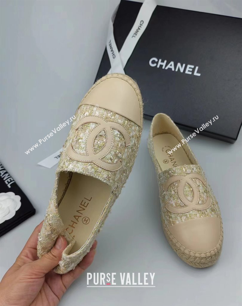 Chanel Tweed, Sequins and Lambskin Espadrilles Flat Beige 2024 0816 (MD-240816007)