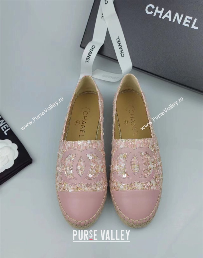 Chanel Tweed, Sequins and Lambskin Espadrilles Flat Pink 2024 0816 (MD-240816008)