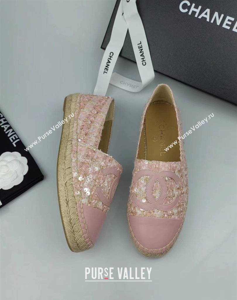 Chanel Tweed, Sequins and Lambskin Espadrilles Flat Pink 2024 0816 (MD-240816008)