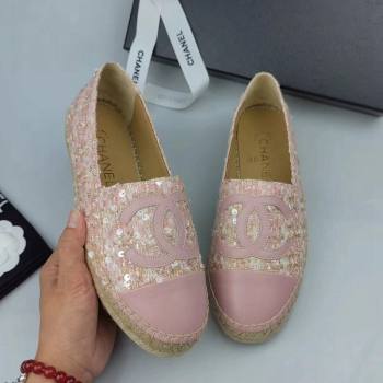 Chanel Tweed, Sequins and Lambskin Espadrilles Flat Pink 2024 0816 (MD-240816008)