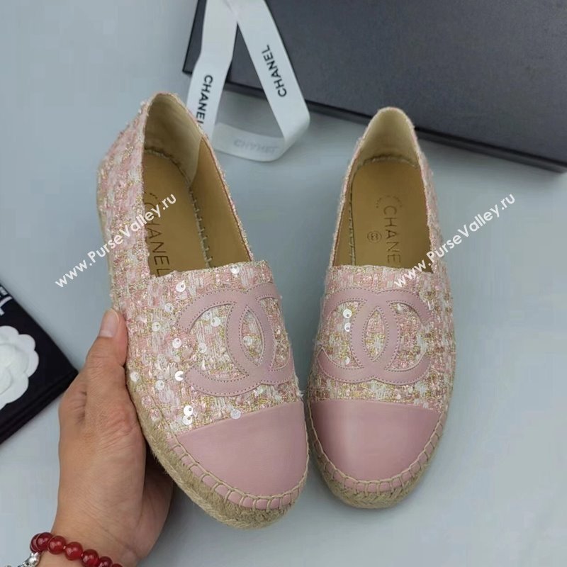 Chanel Tweed, Sequins and Lambskin Espadrilles Flat Pink 2024 0816 (MD-240816008)