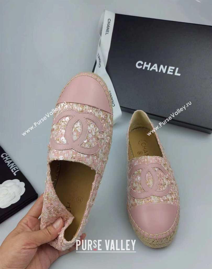 Chanel Tweed, Sequins and Lambskin Espadrilles Flat Pink 2024 0816 (MD-240816008)