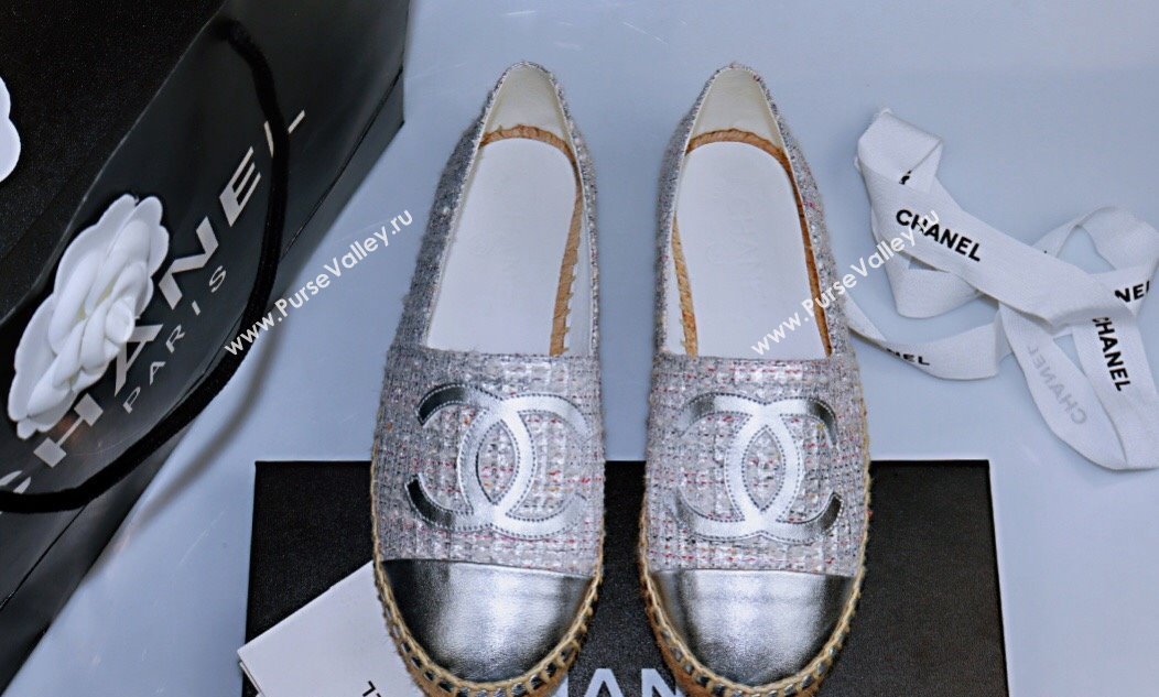 Chanel Tweed Lambskin Espadrilles Flat Silver 2024 081503 (MD-240815119)