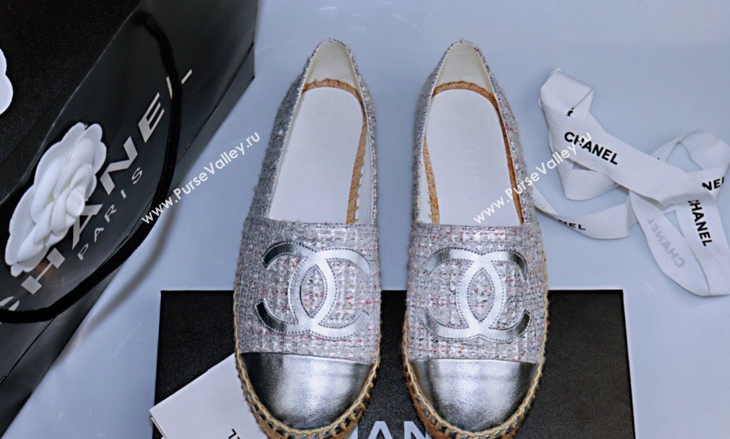 Chanel Tweed Lambskin Espadrilles Flat Silver 2024 081503 (MD-240815119)