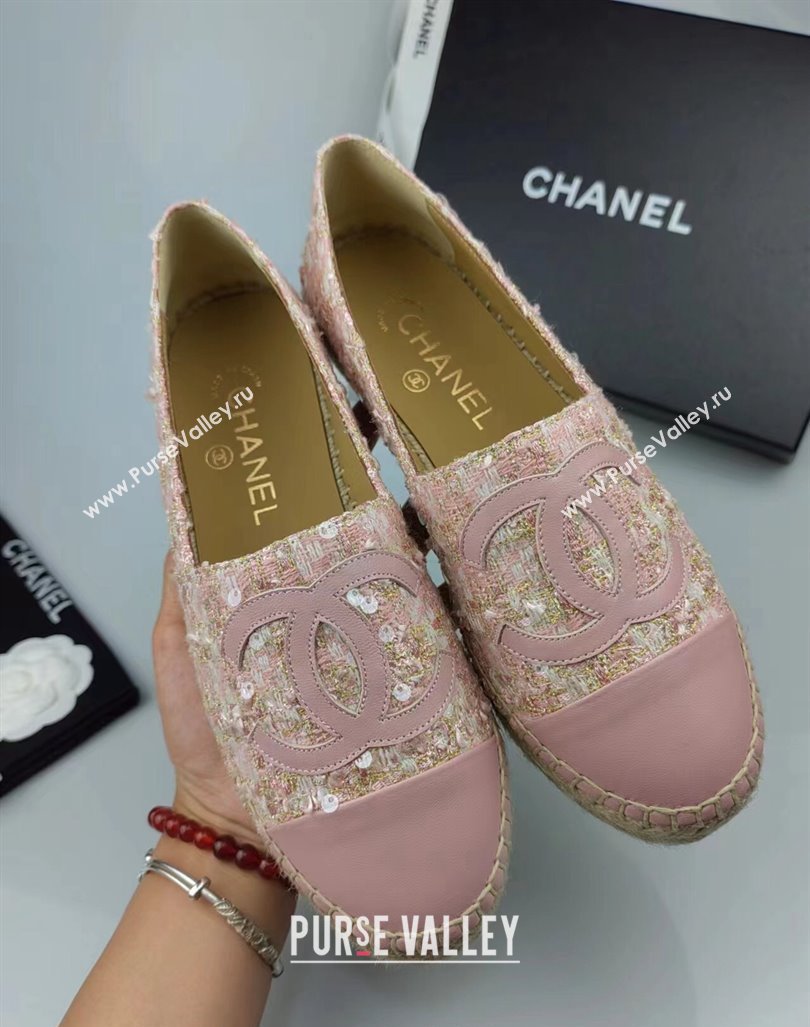 Chanel Tweed, Sequins and Lambskin Espadrilles Flat Pink 2024 0816 (MD-240816008)