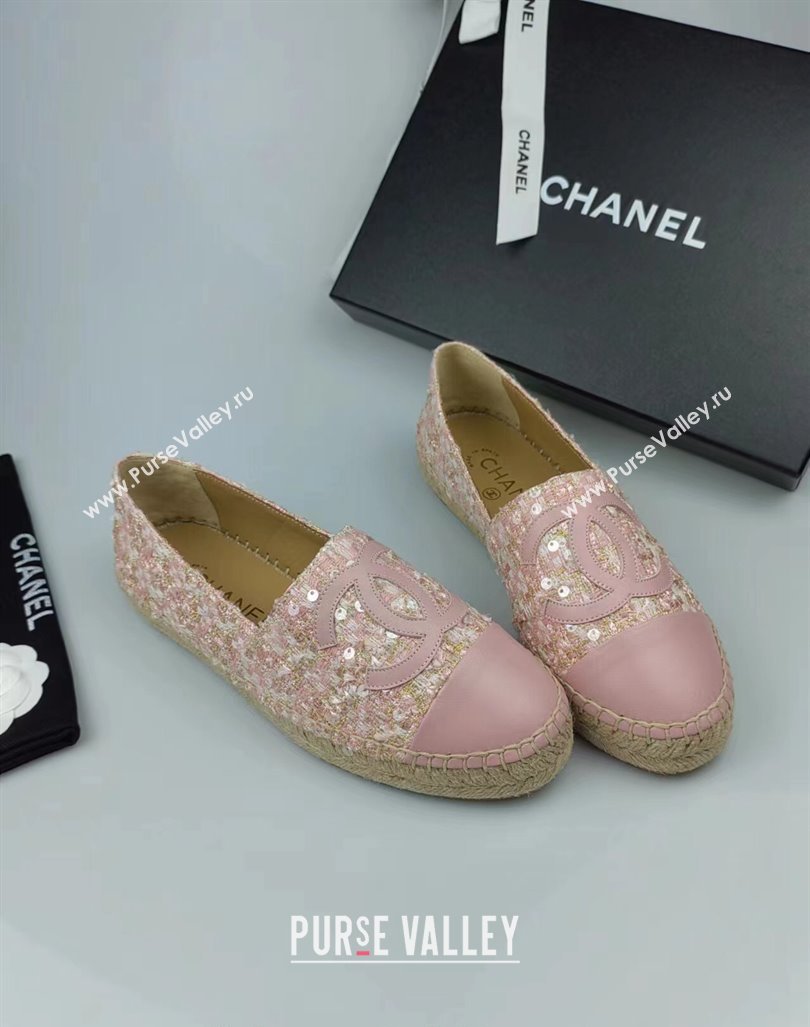 Chanel Tweed, Sequins and Lambskin Espadrilles Flat Pink 2024 0816 (MD-240816008)