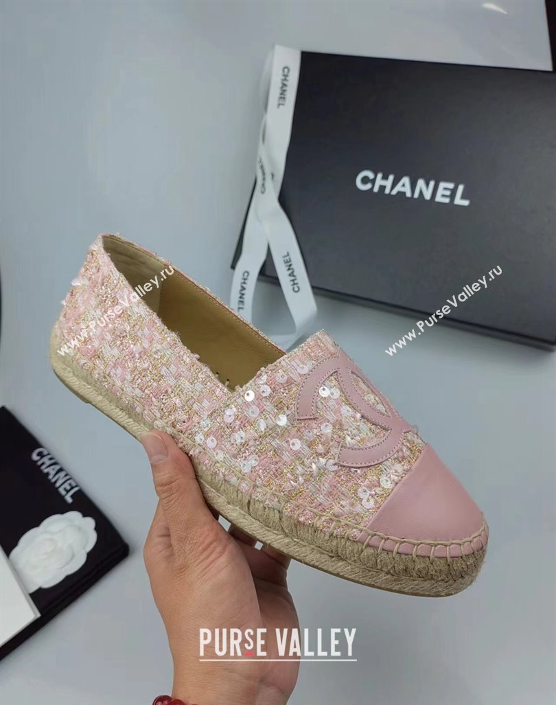 Chanel Tweed, Sequins and Lambskin Espadrilles Flat Pink 2024 0816 (MD-240816008)