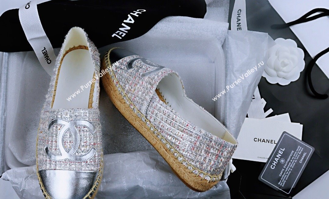 Chanel Tweed Lambskin Espadrilles Flat Silver 2024 081503 (MD-240815119)