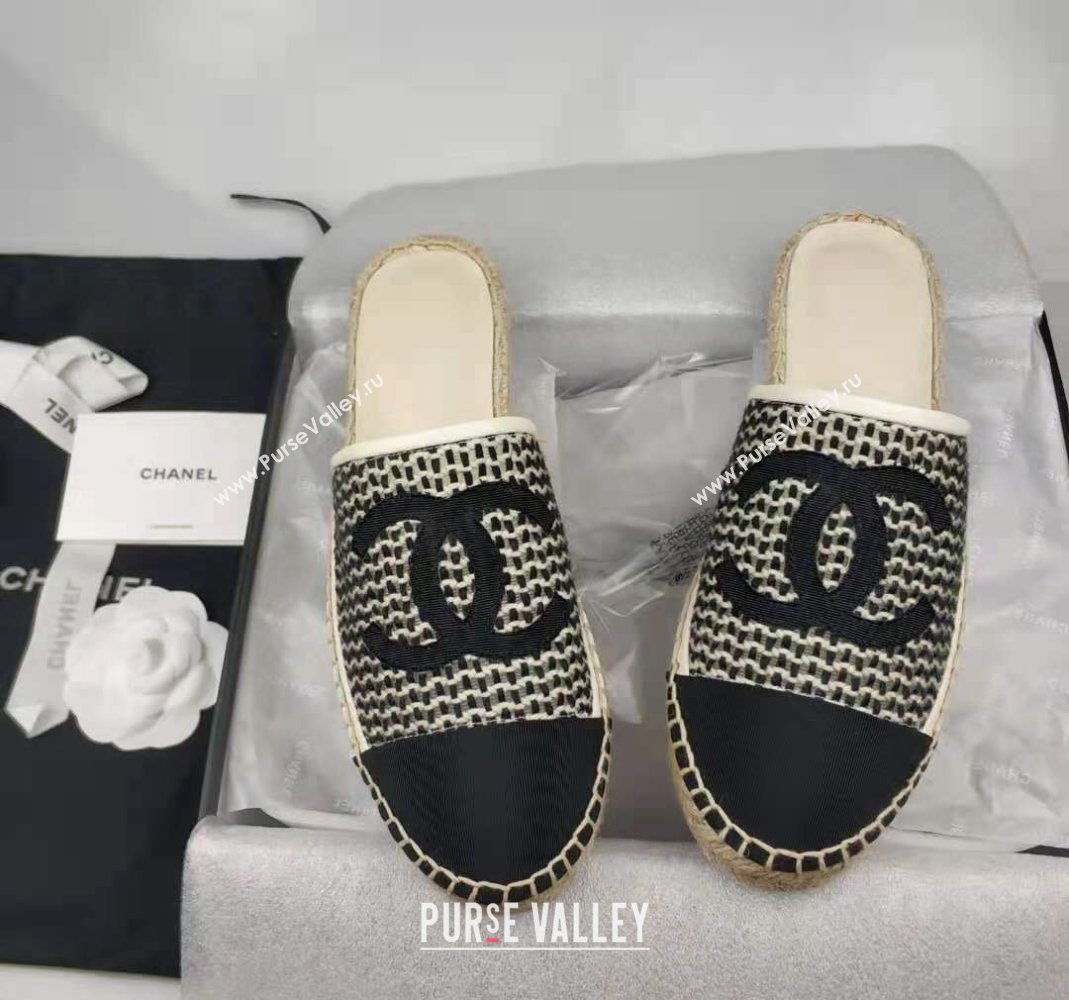 Chanel Woven Grosgrain Espadrille Mules Flat Black 2024 081613 (MD-240816014)