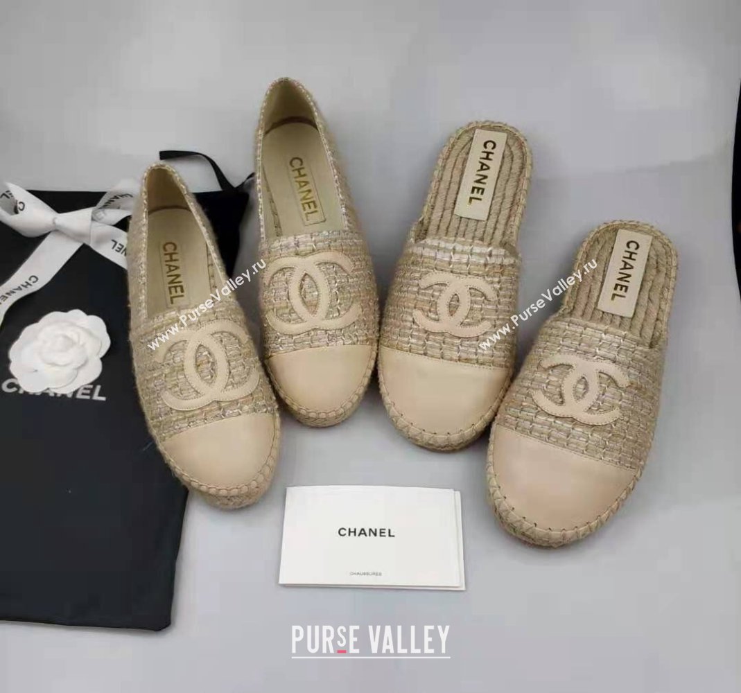 Chanel Tweed Lambskin Espadrilles Flat/Mules Beige 2024 081616 (MD-240816016)