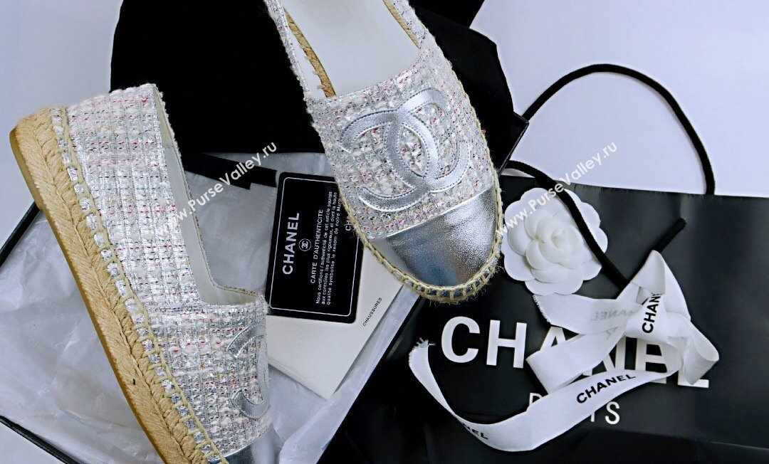 Chanel Tweed Lambskin Espadrilles Flat Silver 2024 081503 (MD-240815119)