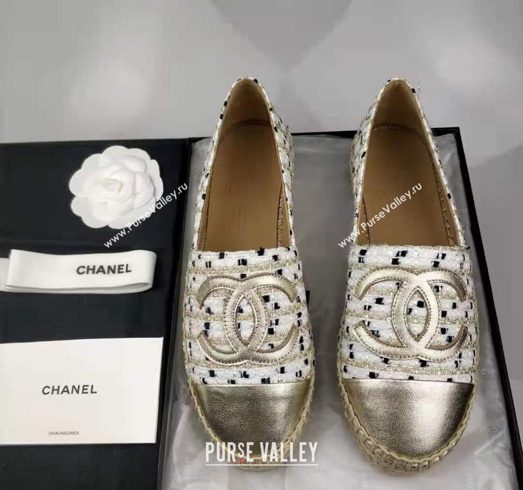 Chanel Tweed Grosgrain Espadrilles Flat White/Gold 2024 081625 (MD-240816025)