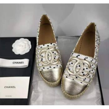 Chanel Tweed Grosgrain Espadrilles Flat White/Gold 2024 081625 (MD-240816025)