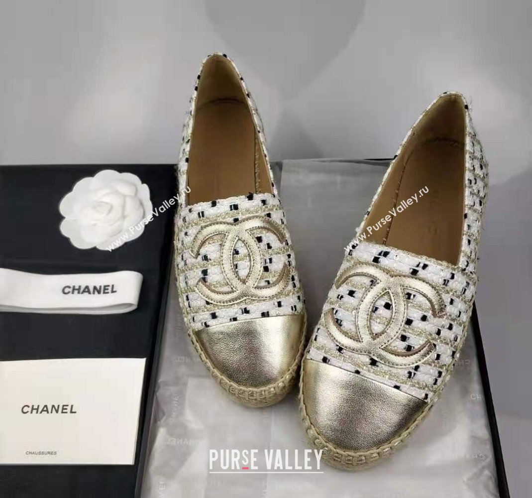 Chanel Tweed Grosgrain Espadrilles Flat White/Gold 2024 081625 (MD-240816025)