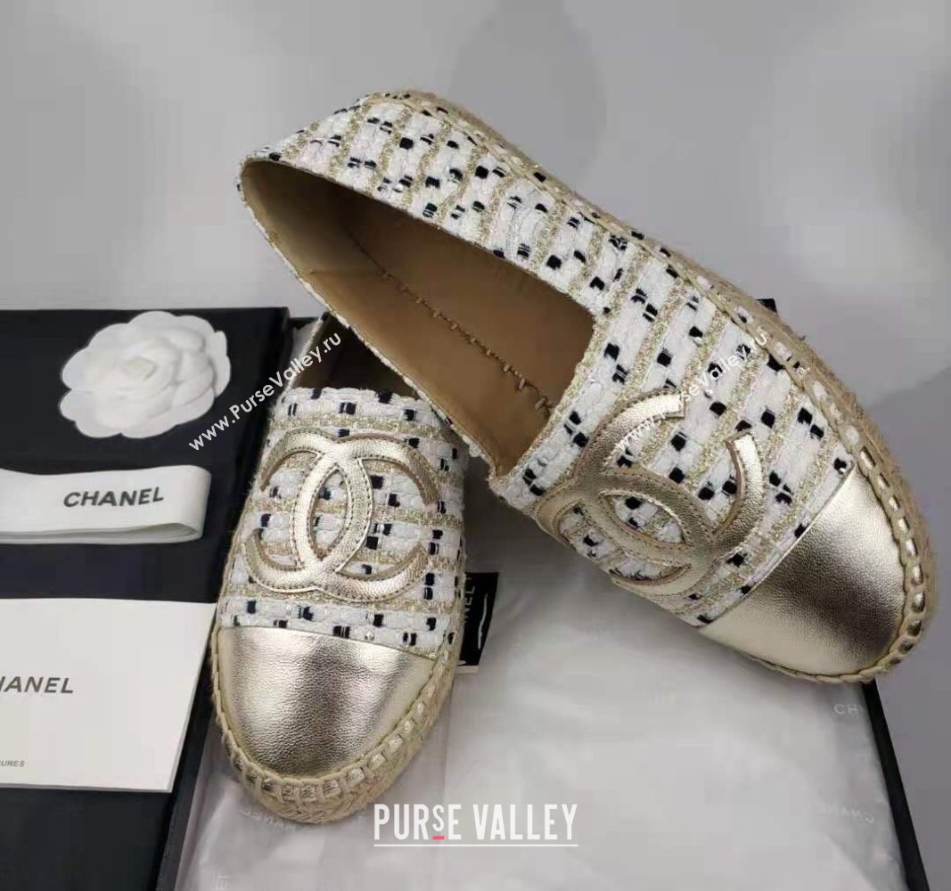 Chanel Tweed Grosgrain Espadrilles Flat White/Gold 2024 081625 (MD-240816025)