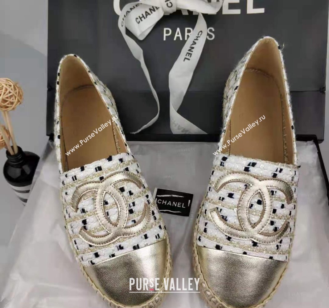 Chanel Tweed Grosgrain Espadrilles Flat White/Gold 2024 081625 (MD-240816025)