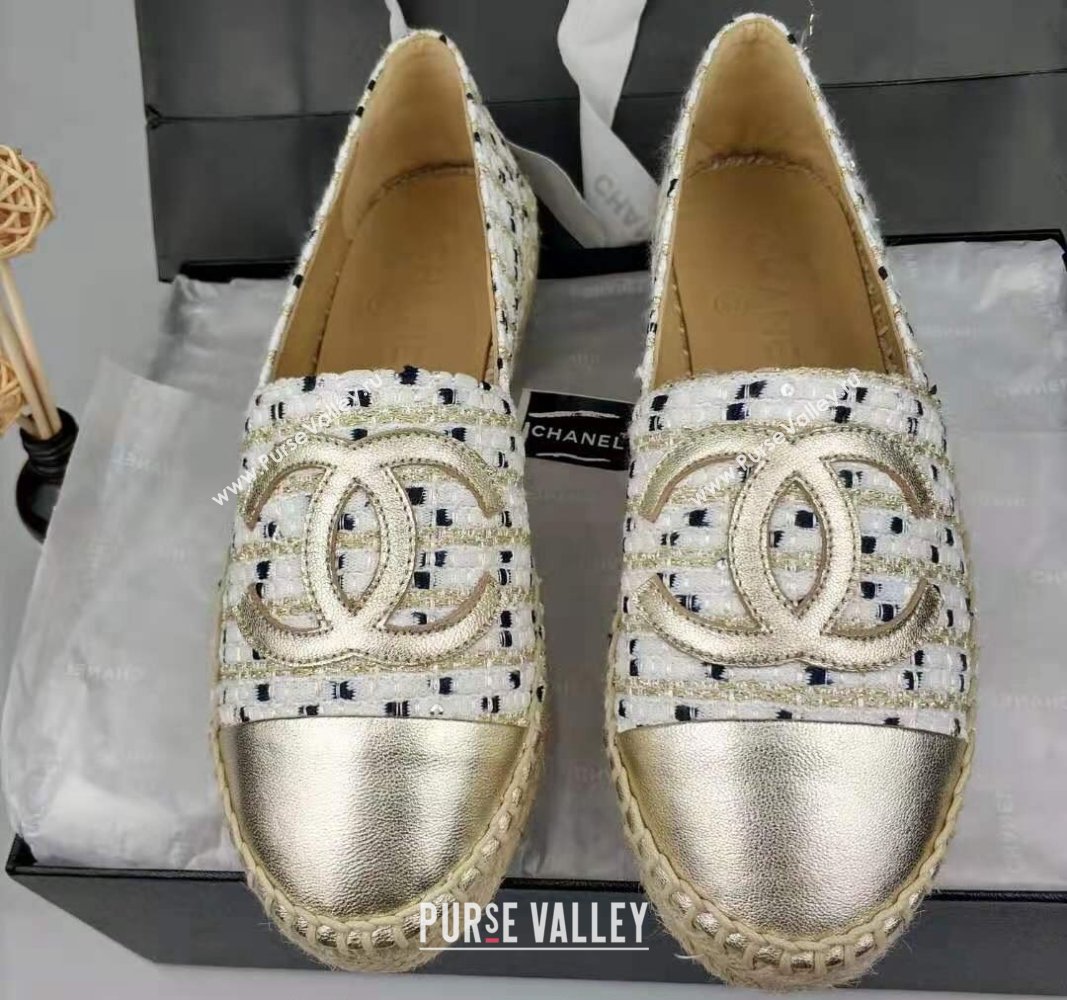 Chanel Tweed Grosgrain Espadrilles Flat White/Gold 2024 081625 (MD-240816025)