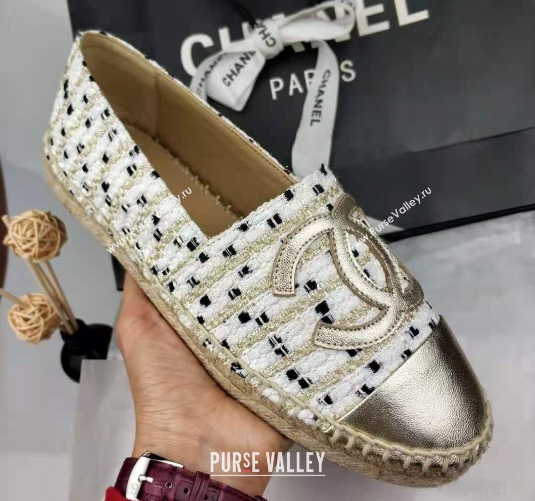 Chanel Tweed Grosgrain Espadrilles Flat White/Gold 2024 081625 (MD-240816025)